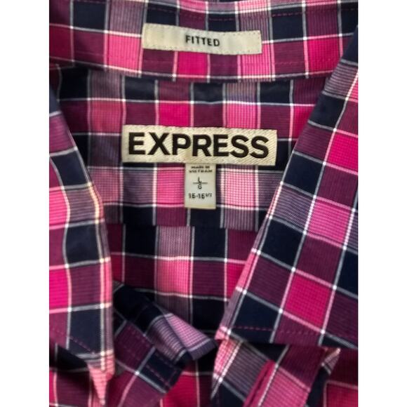 Express fitted L mens long sleeve button up purple plaid 16 - 16.5 proffesional - Picture 5 of 9